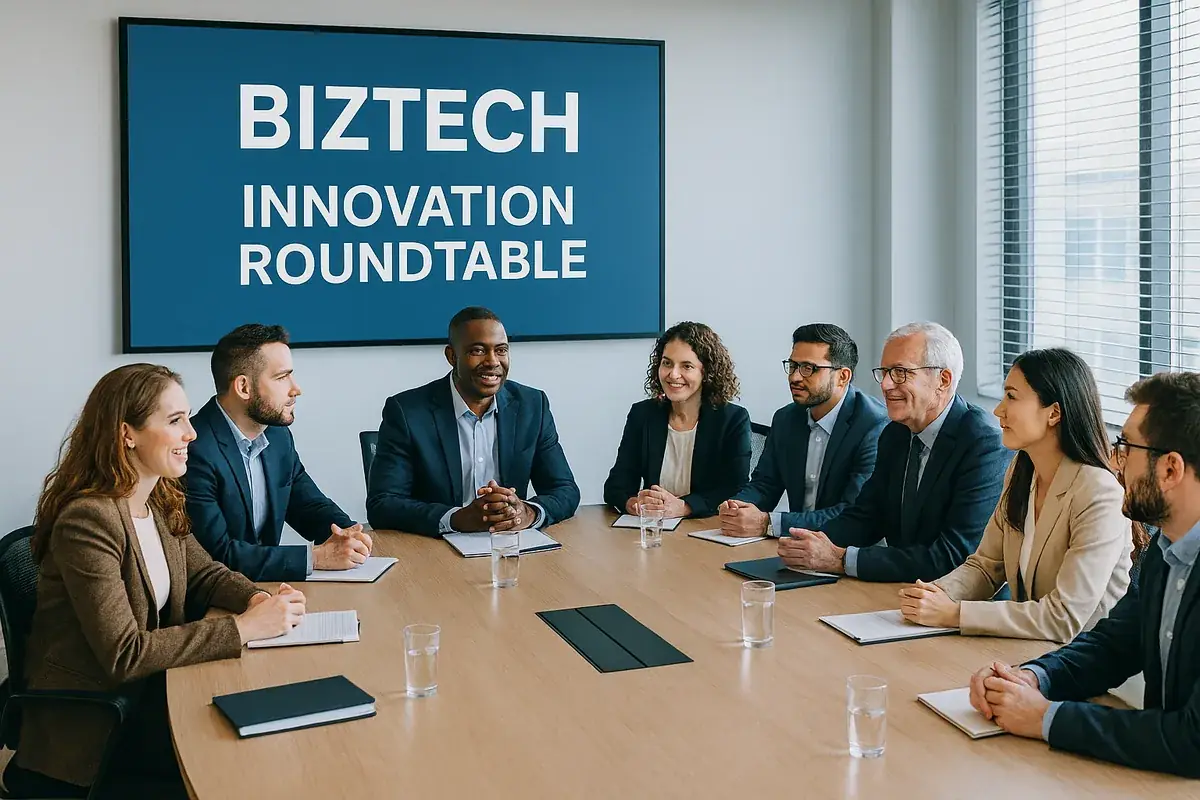 Nine people around a boardroom table, talking, under a screen reading Biztech Innovation Roundtable.
