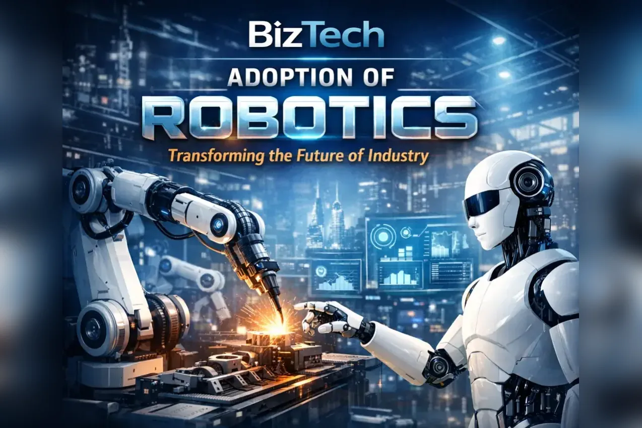 A humanoid robot working alongside a robotic welding arm on a factory line, under the words Adoption of Robotics.
