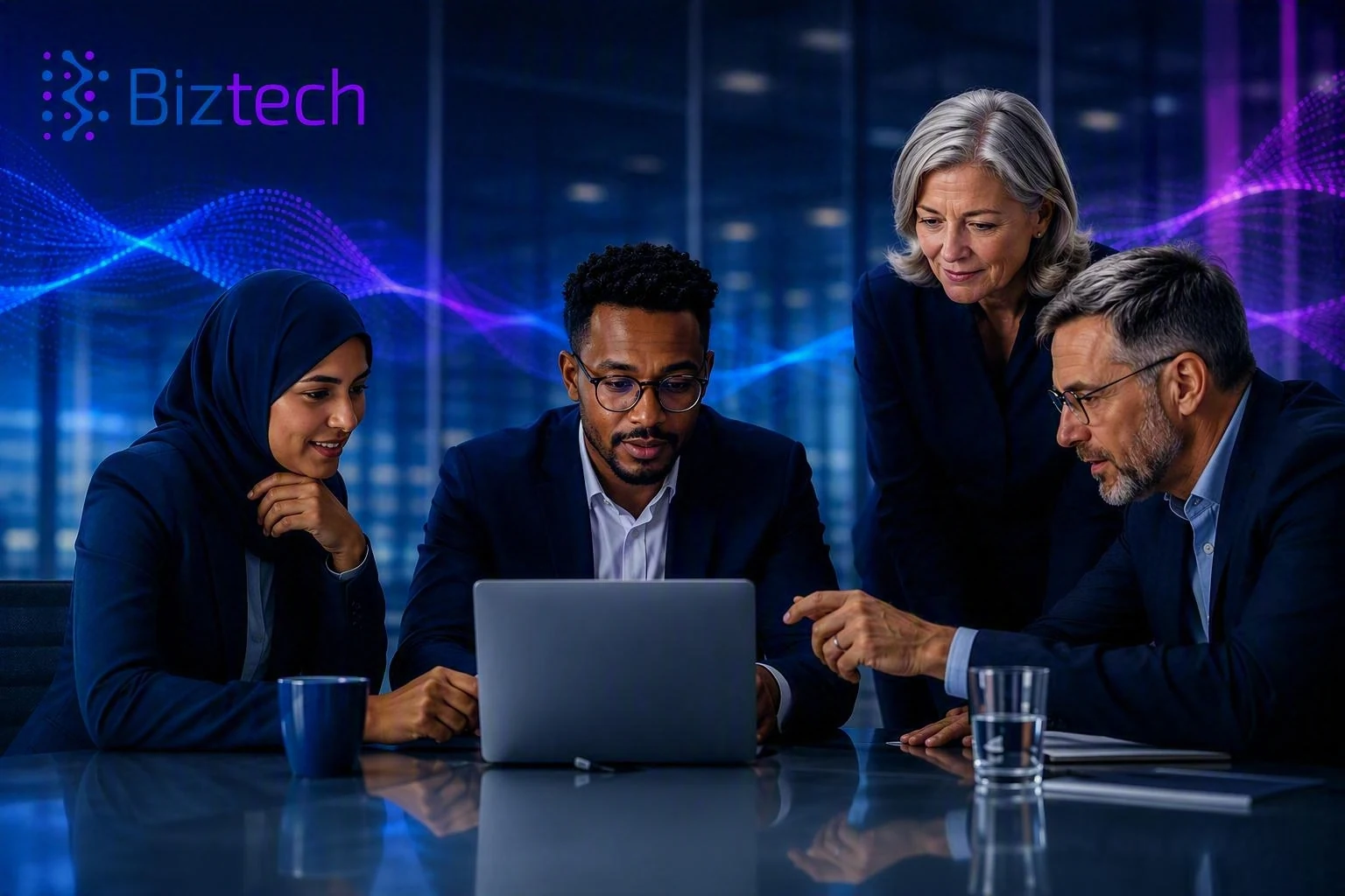 Four colleagues around a laptop in a dark office, the Biztech wordmark in the corner and a blue and violet wave across the background.