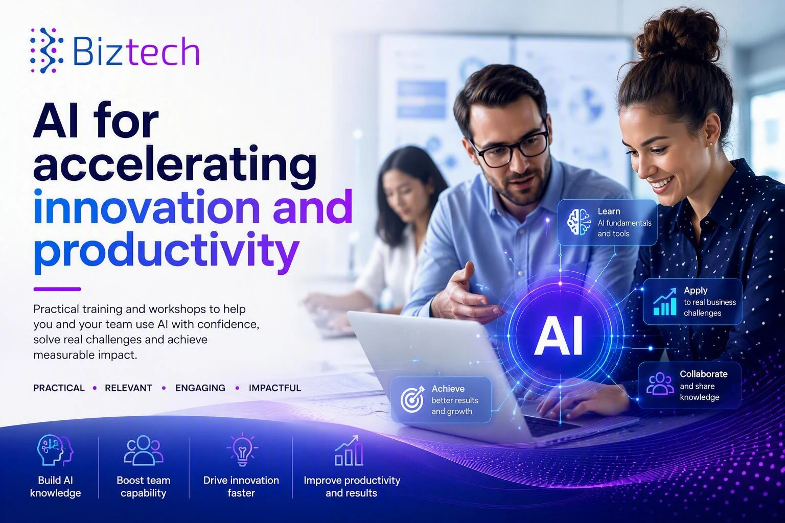 Two colleagues at a laptop in a bright office, with an AI graphic overlaid and captions reading learn, apply, collaborate and achieve.