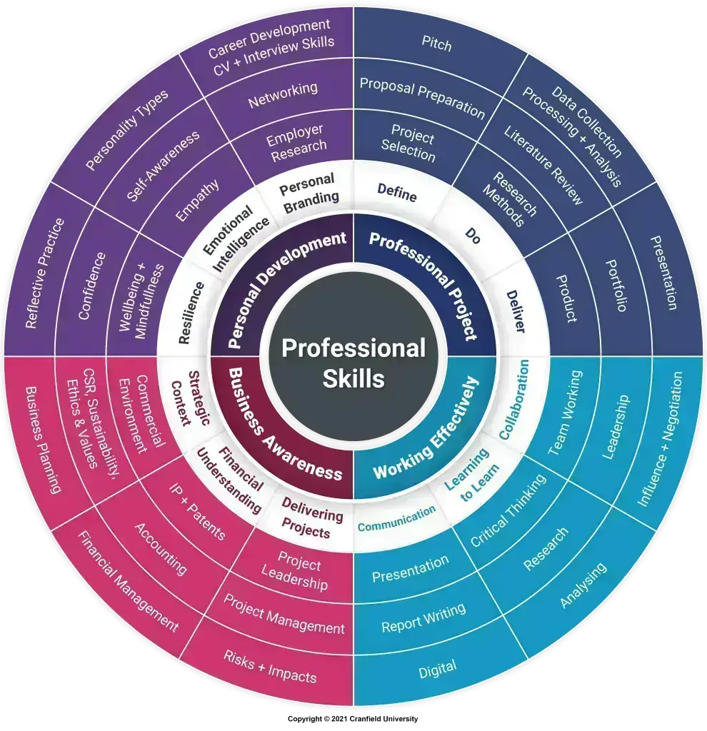 Cranfield University's professional skills wheel: personal development, professional project, working effectively and business awareness, each opening into specific skills.