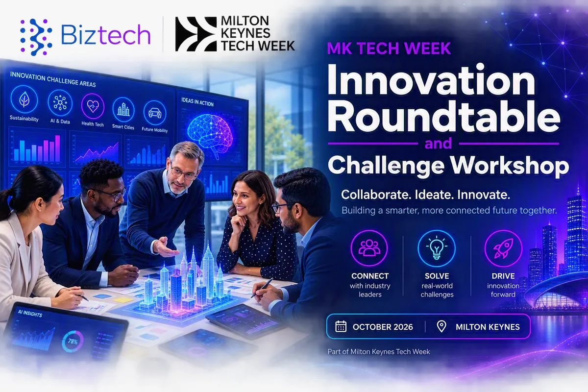 Five colleagues around a boardroom table, one of them pointing at a glowing three-dimensional city model, with screens of ideas and challenge areas behind them. Biztech and Milton Keynes Tech Week logos. Titled: MK Tech Week Innovation Roundtable and Challenge Workshop — collaborate, ideate, innovate; building a smarter, more connected future together. Connect with industry leaders, solve real-world challenges, drive innovation forward. October 2026, Milton Keynes.