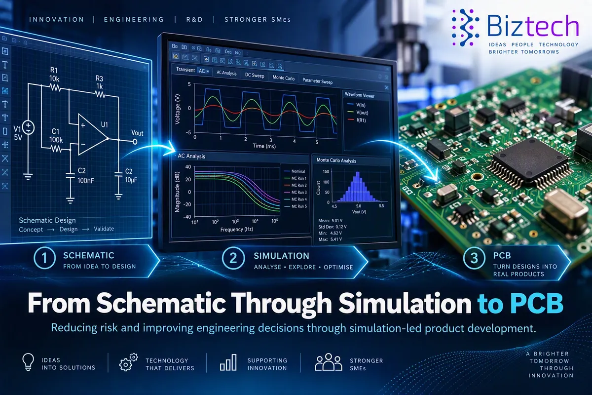 Banner for the Biztech article "From Schematic Through Simulation to PCB", showing three stages left to right: an op-amp circuit schematic, SPICE simulation screens with waveform, frequency response and Monte Carlo histogram plots, and a populated green circuit board.